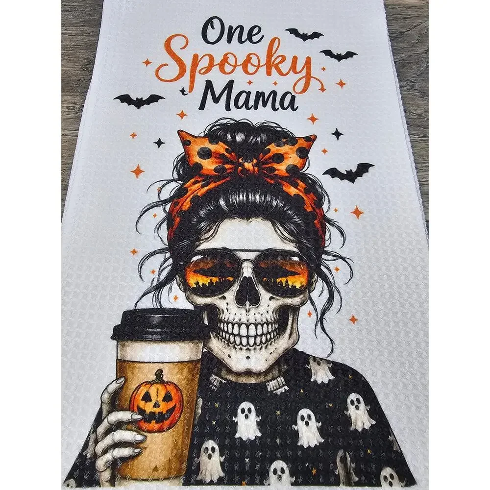 One Spooky Mama Halloween Kitchen Towel Skeleton Coffee Fall Decor